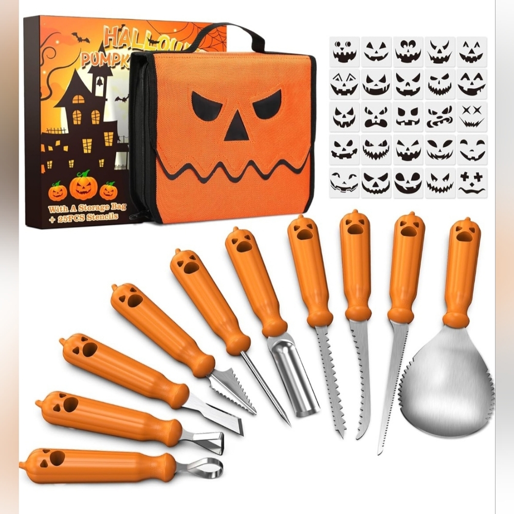 Halloween-Decorations Pumpkin Carving Kit Set with Stencils and Storage Bag